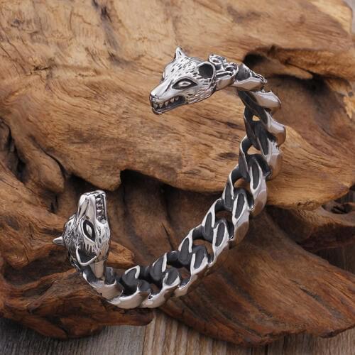 Fate Love heavy 74g weight stainless steel bracelet Punk mens cool casting biker wolf end open cuff bangle jewelry