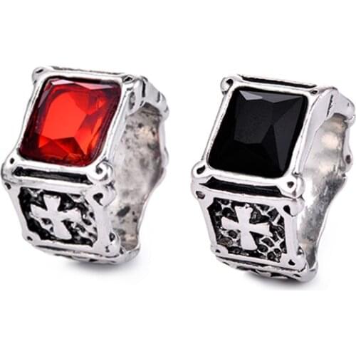 Retro Carving Cross Set Rectangle Gem Ring Trend Men Semi Precious Stone Silver Color Ring Fashion Men Daily Collocation Jewelry