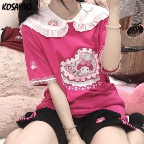 KOSAHIKI Japanese Street Student Harajuku Kawaii Cartoon Embroidery Top Ulzzang Loose Summer Womens T-shirt Cute Tshirt