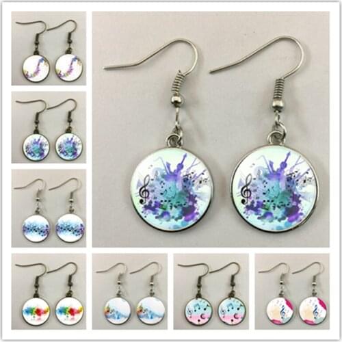 Beautiful musical note image glass round photo ladies earrings glass cabochon earrings musical note pattern earrings