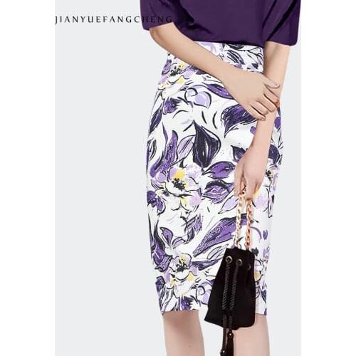 2021 Summer New Purple Printed Mid-Length Skirt High Waist Back Split Pencil Skirts Korean Elegant Slim Ladies Office Bottoms
