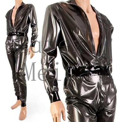 Novelty latex catsuit men long sleeve bodysuit with front and crotch zippers in black color