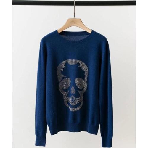 New Cashmere Women Thin Knitted Sweater Lady Long Sleeve O-Neck Diamond Skull Decor Fashion Knitwear Bottoming Pullover Top