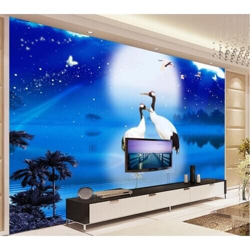 Custom wallpaper 3d mural dreamy blue night sky moon crane living room bedroom TV background mural wall papers home decor обои
