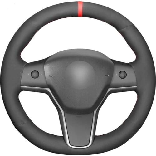 Hand Sew Soft Black Suede Red Marker Car Steering Wheel Cover for Tesla Model 3 2017 2018 2019 2020