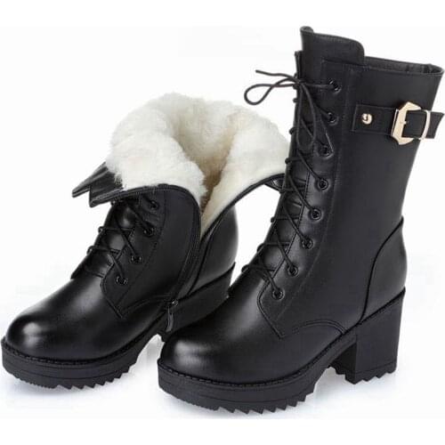 2020 Winter Leather Women Winter Boots Thick Wool Warm Women High-heeled Genuine Boot High-quality Female Snow Boots Women Shoes
