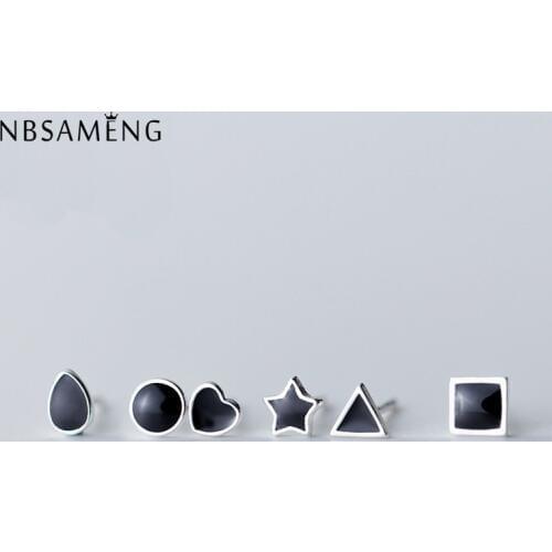 NBSAMENG 100% 925 Sterling Silver Earring Tiny Classic Black Square Round Small Heart Stud Earrings For Women Men Jewelry Gift