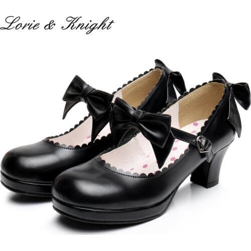 Japanese Lolita Cosplay Princess Shoes PU Leather Sweet Bow Strap Square Medium Heel Mary Jane Shoes