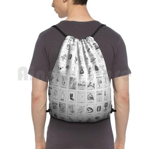 Loteria Cards Backpack Drawstring Bags Gym Bag Waterproof Mexican Bingo Game Games B W Black And White Grayscale Gray