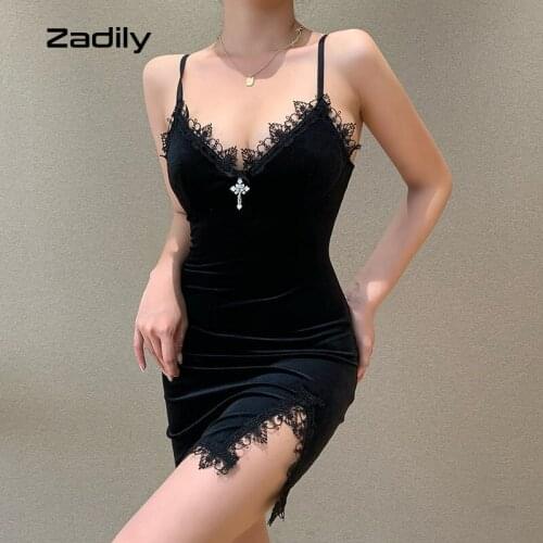 Zadily Sexy Spaghetti Strap Mini Dress Women Lace Sleeveless Black Backless Bodycon Evening Dress 2021 Summer Club Clothing