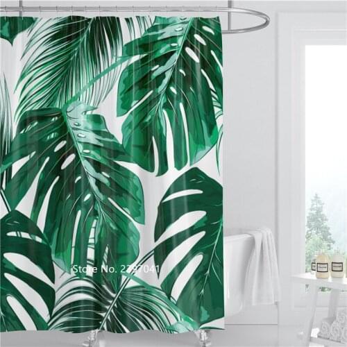 Green Leaf Flowers Plant Shower Curtain Washable Toilet Partition Curtain Waterproof and Mildew Proof with Hook Bath Decoration