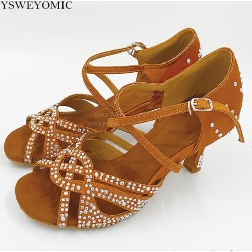 Women Practise Latin Dance Shoes Medium Heel 7cm Comfortable Double Insole High Quality Tan Satin Rhinestones Salsa Latin Shoes