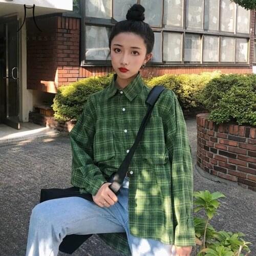 Heydress Women 2021 Autumn Green Plaid Turn Down Collar Shirts Female Casual Fashion Pocket Streetwear Lady Long Sleeve Blouse