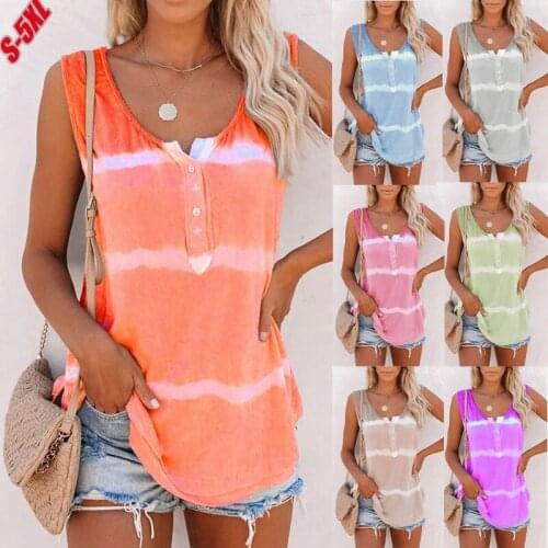 Women Tie-dye Sleeveless Tank Tops Summer Loose T Shirts Tops Blouse Plus Size