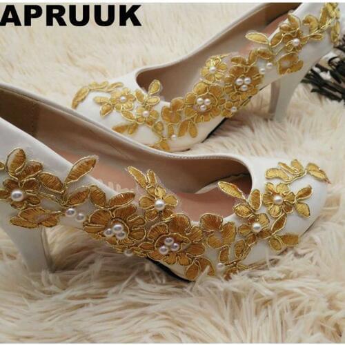 Womens fashion gold lace dinner evening party pumps shoes plus sizes low high heels custom made bridal wedding shoes