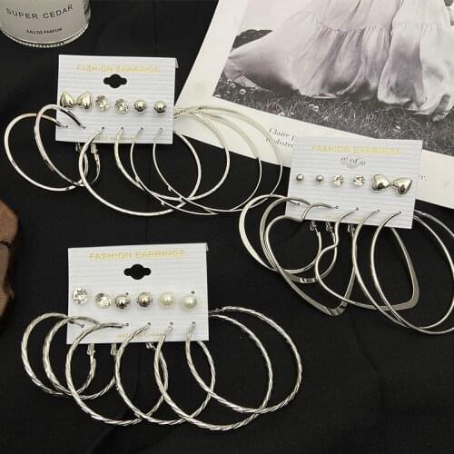 Punk Vintage Round Circle Hoop Earrings Set 6 Pairs For Women Girls Silver Color Oversized Heart Circle Earrings Party Jewelry