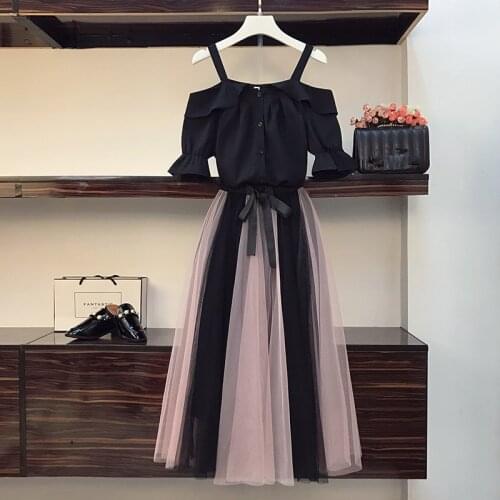 High Qaulity Summer New Fashion Ruffled Slash neck Chiffon Blouse and Color matching Mesh Long Skirt Two Piece Sets Women
