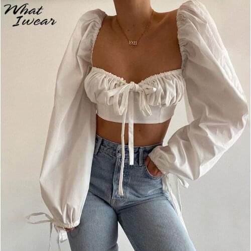 Women Fahion elegant T-shirts lantern Sleeve French romantic tops autumn new tie up crop top Female Fabric Tees Harajuku