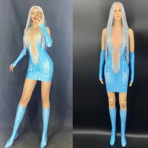 Silver Rhinestone Fringe Blue Short Dress Women Dance Costumes Gloves Transparent Bar Nightclub Birthday Celebrate Dress DQS4596