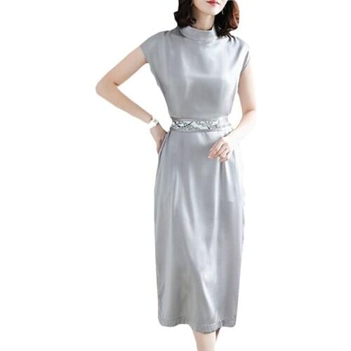 2021 Women Summer Plus size Loose Dress Standing collar Short sleeve Solid Silk Fabric Female Casual Office Slim Dresses OK701