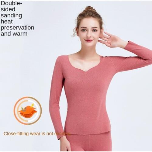 Autumn and winter womens thermal underwear womens thickening plus velvet low-neck brushed hair self-cultivation jacket with fa