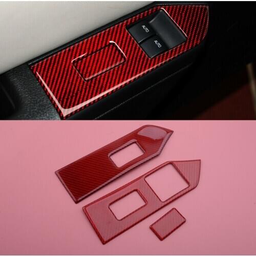 3pcs Carbon Fiber Red Car Door Window Armrest Lift Switch Button Panel Cover Trim Fit for Ford Mustang 2009 2010 2011 2012 2013