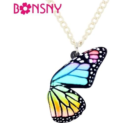Bonsny Statement Acrylic Half Wing Colorful Butterfly Necklace Pendant Collar New Fashion Insect Jewelry For Women Girls Bijoux