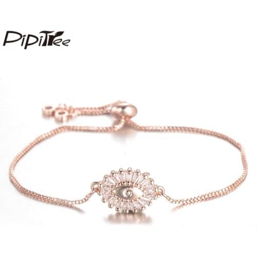 Pipitree CZ Evil Eye Charm Bracelet for Women Men Slider Chain Copper Cubic Zircon Rose Gold Color Bracelets Jewelry Gift