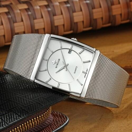 Reloj Hombre WWOOR Men Square Watches Slim White Watch Men Steel Mesh Waterproof Business Date Quartz Wrist Watch Gift Male xfcs