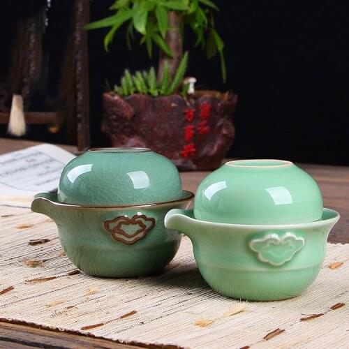 Ceramic Kung Fu Teapot Longquan Celadon A Pot and A Cup of Xiangyun Quick Guest Cup Portable Travel Tea Set Gift Set