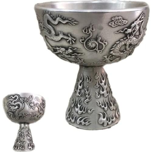 Chinese old Tibetan silver wine glass Ssangyong pattern wine set
