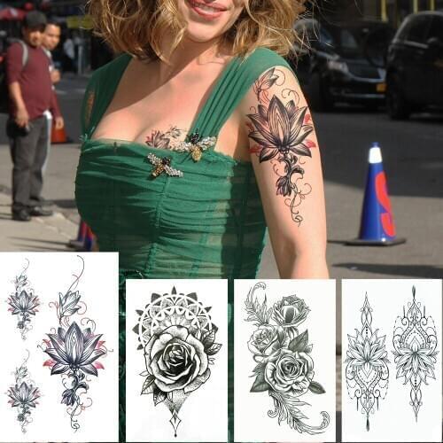 Lotus Temporary Tattoos Sticker For Women Fake Body Art Arm Chest Tattoos Black Henna Flower Rose Tatoos Paper Realistic Decor