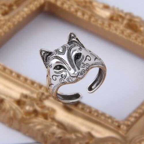 Cat Mask Pure 9Real 990 Pure Silver Personalized Punk Mask Open Stacking Rings for Women Men Couple Gift Vintage Jewelry Anillos