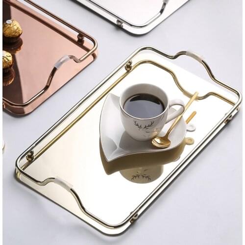 634E Nordic Rectangular Stainless Steel Mirror Tray with Handles Coffee Serving Tray