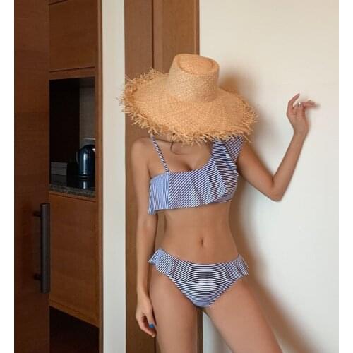 2021 new style split swimsuit women Japan and South Korea sexy striped diagonal bikini