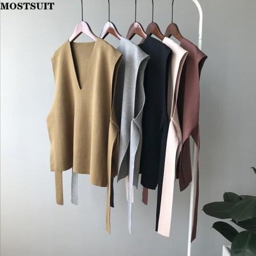 Solid Workwear Belted Knitted Sweater Vest Women Sleeveless V-neck Elegant Pullover Tops Vintage Loose Female Jumpers Vest 2021