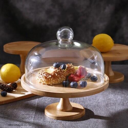 Natural Bamboo Wood Tray with Transparent Glass Cover Cake Tray Household Round Tableware Multifunctional Bread Fruit Tray