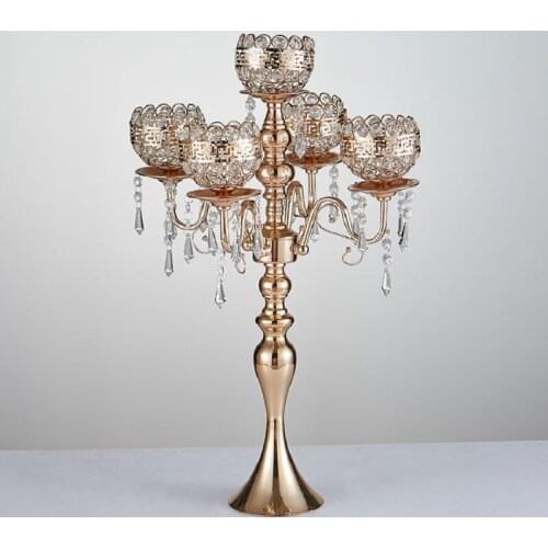 63 cm Tall 5-arms Metal Gold Candelabras With Pendants Romantic Wedding Table Candle Holder Home Decoration 8 pcs/lot