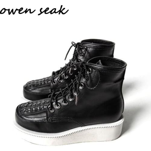 Men Casual Boots Cow Leather High-TOP Ankle Luxury Trainers Spring Lace-up Flats Black Shoes Sneakers