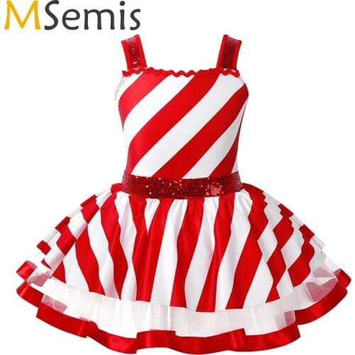 Girls Christmas Tutu Ballet Dancewear Shiny Sequins Striped Figure Ice Skating Dress Roller Skating Baton Twirling Leotard Dress