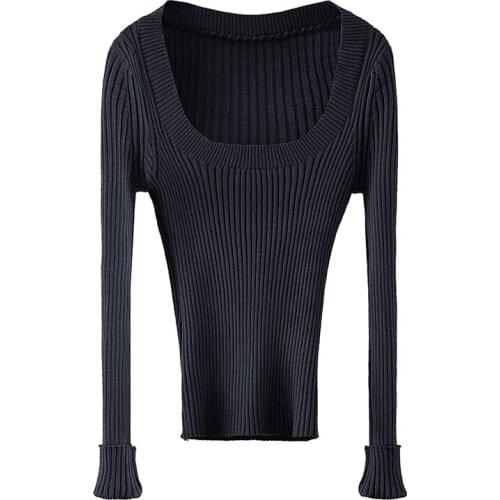 Slim Knit Top Womens Square Collar Sweater Tight-Fitting Long Sleeved Bottoming Shirt Autumn and Winter New Lady Jumpers blue