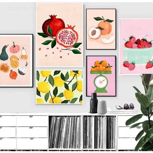 Fruit Food Picks Decoration Kitchen Poster Orange Pomegranate Pear Strawberry Canvas Wall Art Painting for Dining Room Decor