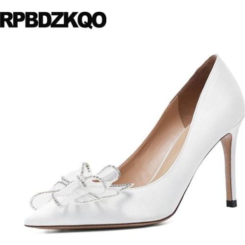Ladies High Heels Crystal White 3 Inch Silk Pointed Toe Pumps Thin Ivory Shoes Wedding Celebrity Diamond Bow Satin Rhinestone