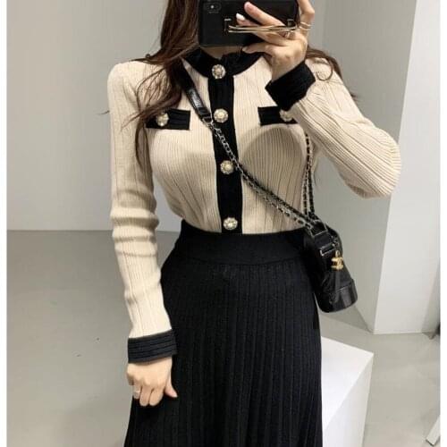 Ladies Two-piece Slim Slimming Color Matching Knitted Cardigan Female Sweater Jacket + Knitted Skirt