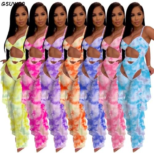 GSUWOO Tie Dye Mesh Summer Beach Two Piece Sets Women Sexy Strapless Hollow Out Bodysuit Ruffle Pants Suit Outfit Matching Sets