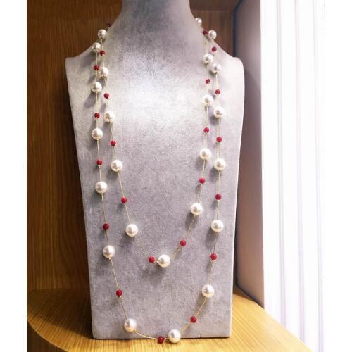 Multi Layers Simulated Pearl Necklace Women White Red Beaded Long Necklace Sweater Chain New Fashion Jewelry Dress Accessories