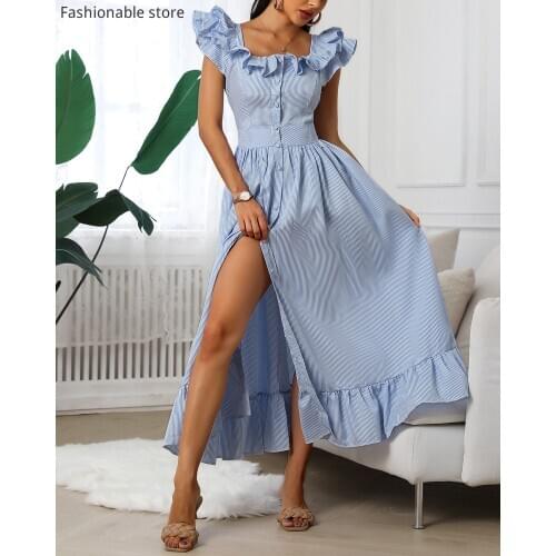 Women Striped Colorblock Flutter Sleeve Ruffles Maxi Dress Party Dress