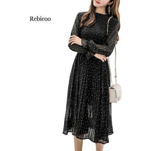 Women Summer Autumn Chiffon Dress High Street Vintage Long Sleeve Dot Dress Casual Loose Black Printing Dress