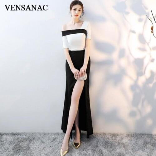 VENSANAC Boat Neck Sexy Split Mermaid Long Evening Dresses Party Short Sleeve Backless Prom Gowns