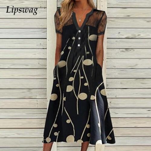 Women Pattern Printed Vintage Party Dress Sexy V Neck Button Pockets Midi Dress Summer Casual Short Sleeve Embroidery Lace Dress